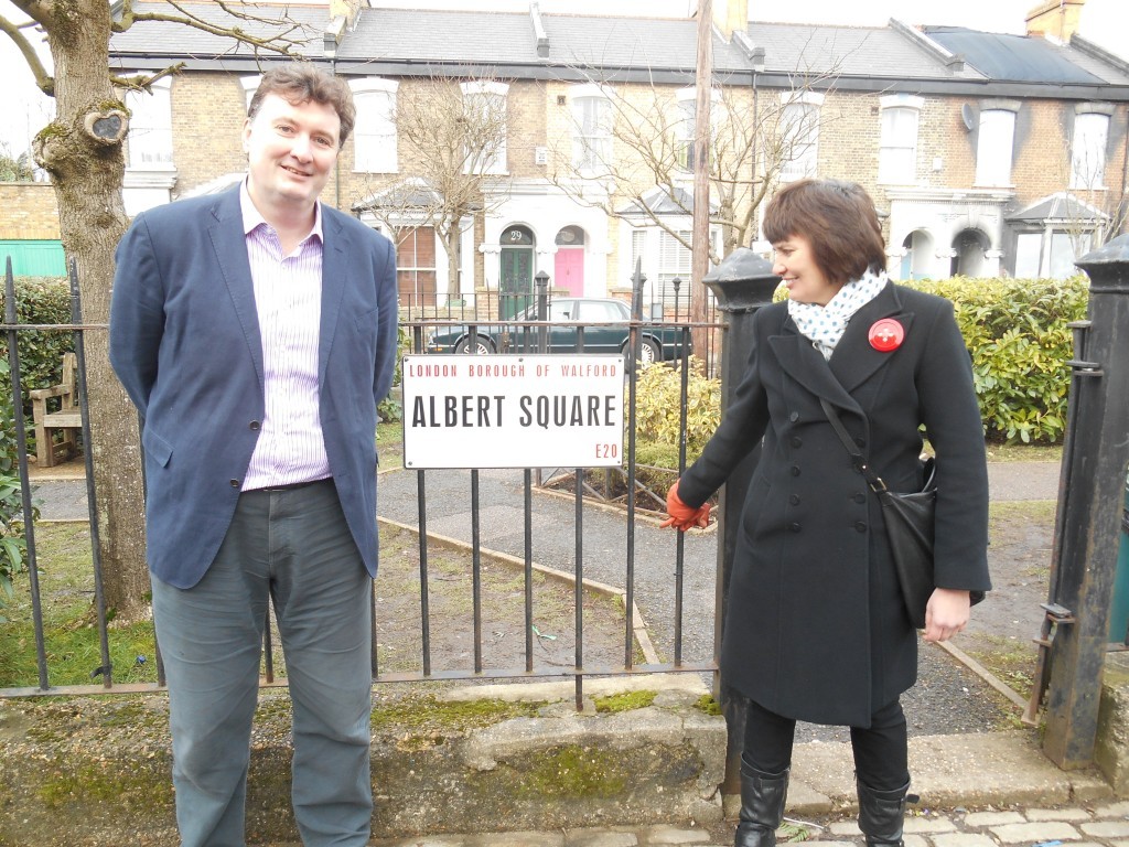 Photograph on Professor Ian Jones and Claire Dolman on the set of Eastenders